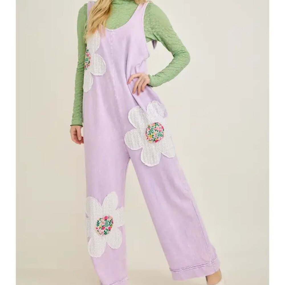 J. Her Purple Mineral Washed Flower Patched Bow Spring Jumpsuit